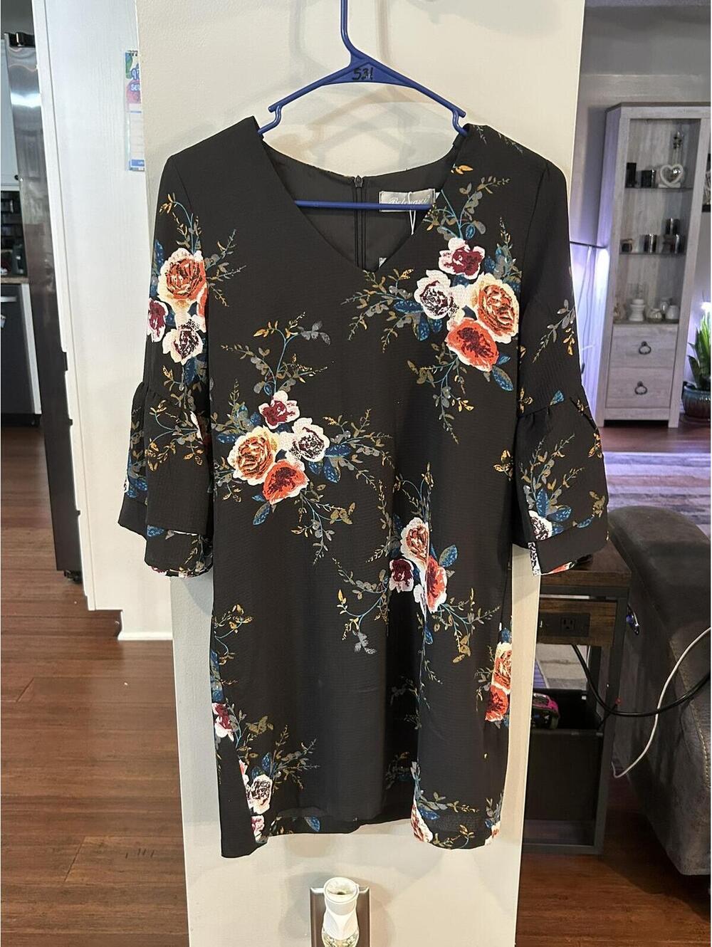 Black Floral Print Dress with Ruffle Sleeves Size XS